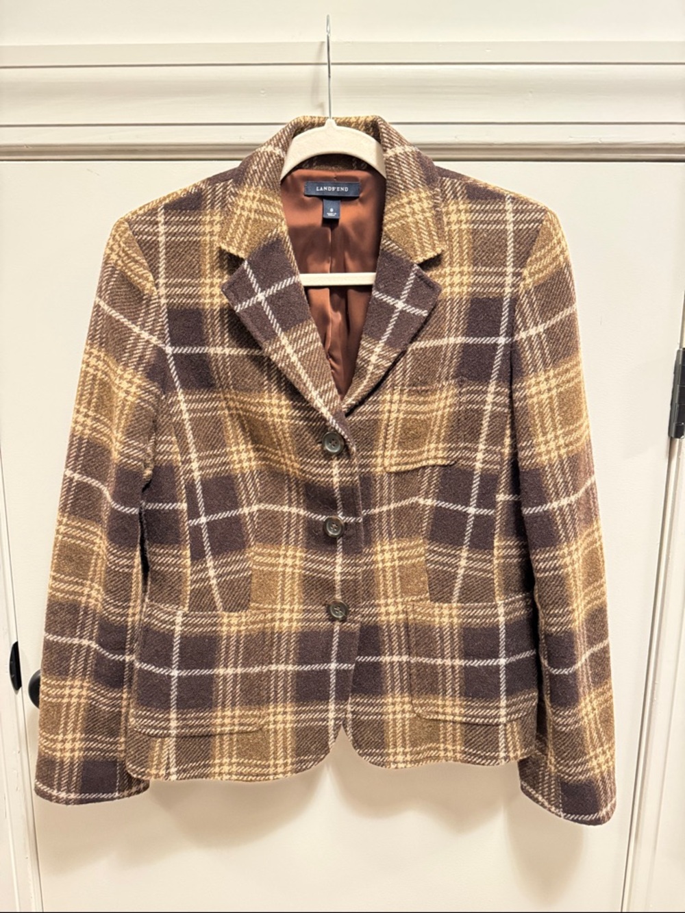 Lands' End Vintage Brown and Cream Plaid Wool Blazer
